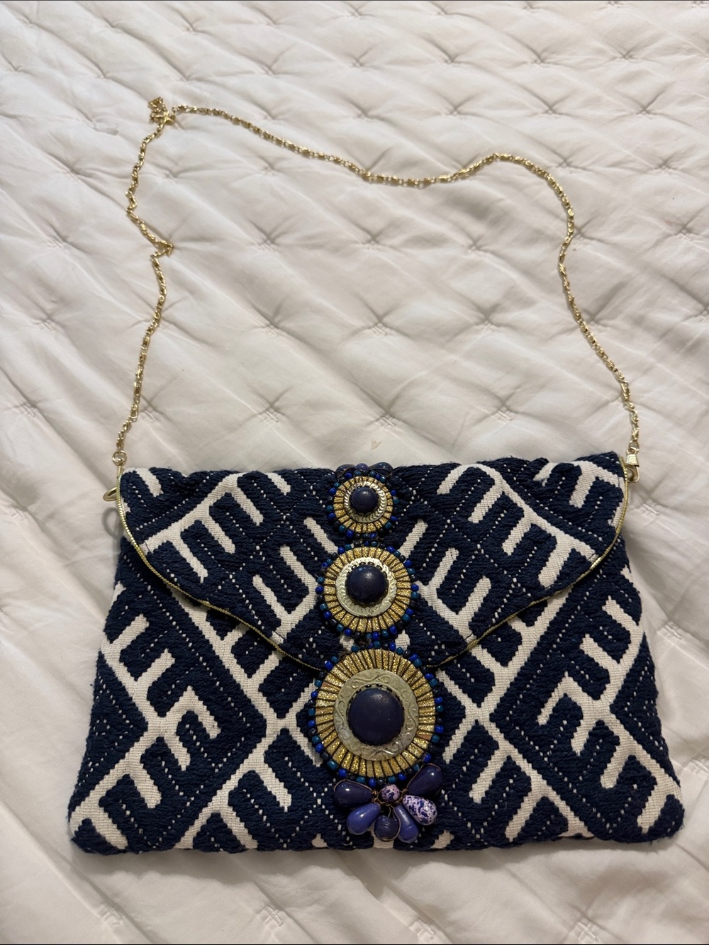 Vintage Steve Madden Beaded Navy and White Geometric Crossbody Clutch